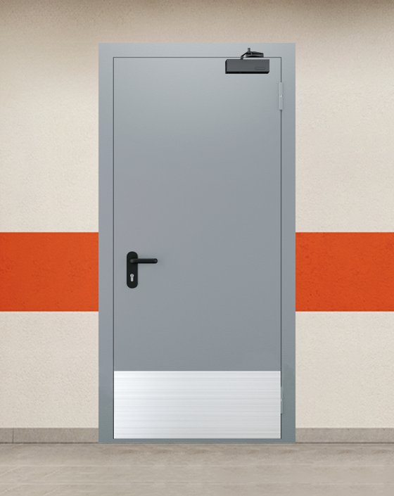 Противопожарная однопольная серая дверь EI 45 с широким отбойником