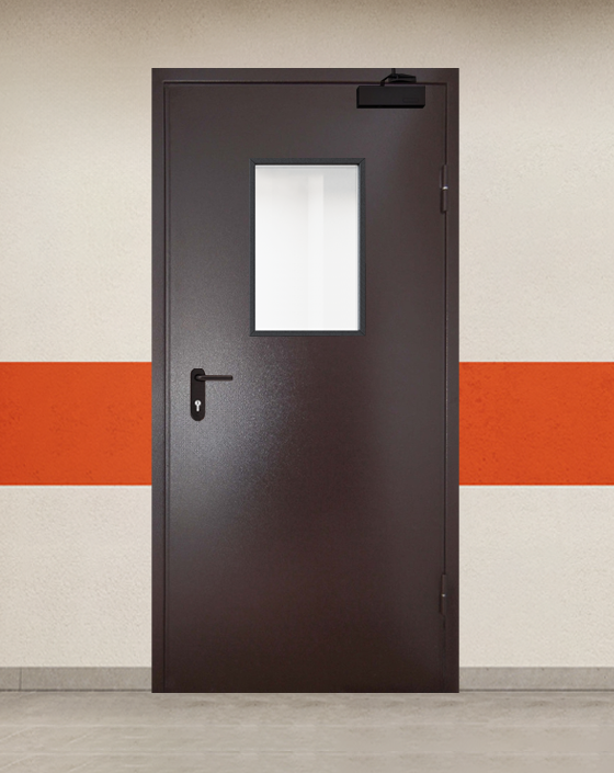 Противопожарная однопольная коричневая дверь порошковым напылением EI 90 с прямоугольным окном