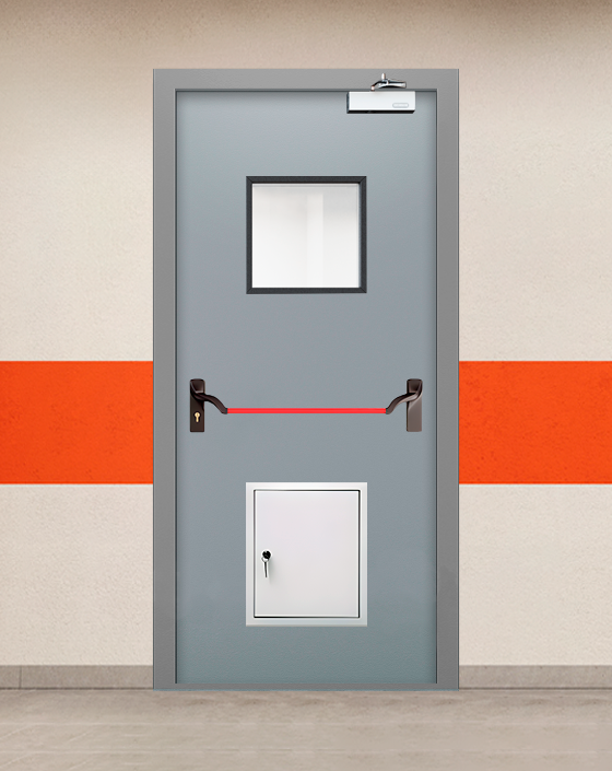 Противопожарная однопольная серая дверь EIS 60 с ручкой антипаника, квадратным окном, стыковочным узлом
