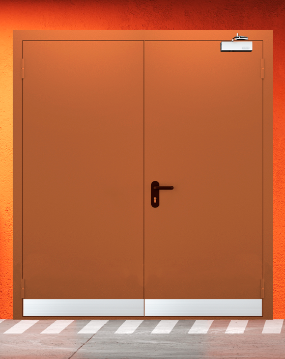 Противопожарная двупольная коричневая дверь EIS 60 с узким отбойником