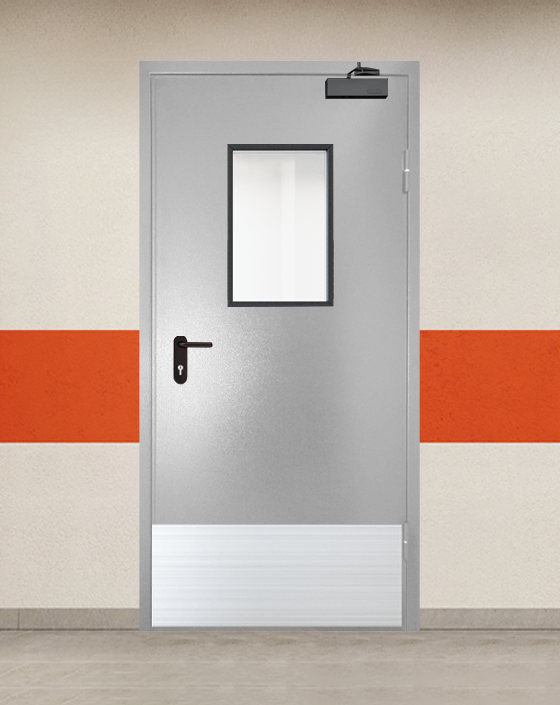 Противопожарная однопольная серая дверь порошковым напылением EI 90 с прямоугольным окном, широким отбойником
