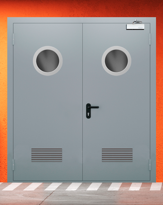Противопожарная двупольная серая дверь EI-90 с круглым окном, прямоугольной решеткой