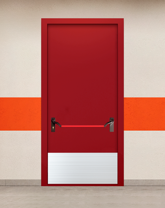 Противопожарная однопольная красная дверь EIWS 60 без доводчика с ручкой антипаника, широким отбойником