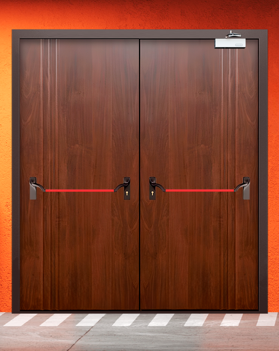 Противопожарная двупольная МДФ коричневая дверь с ручкой антипаника