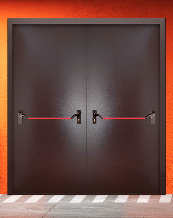 Противопожарная двупольная коричневая дверь порошковым напылением EIWS 60 без доводчика с ручкой антипаника