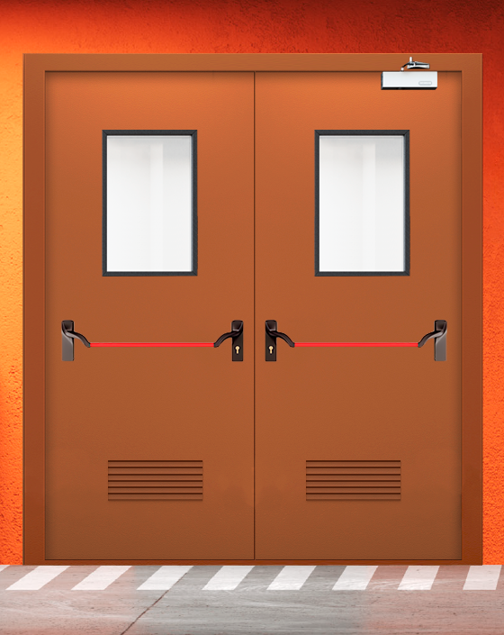 Противопожарная двупольная коричневая дверь EIS 60 с ручкой антипаника, прямоугольным окном, прямоугольной решеткой