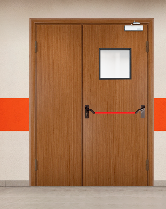 Противопожарная полуторная шпон дверь с ручкой антипаника, квадратным окном