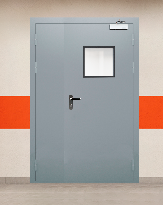 Противопожарная полуторная серая дверь EI 30 (3-го типа) с блестящей ручкой, квадратным окном