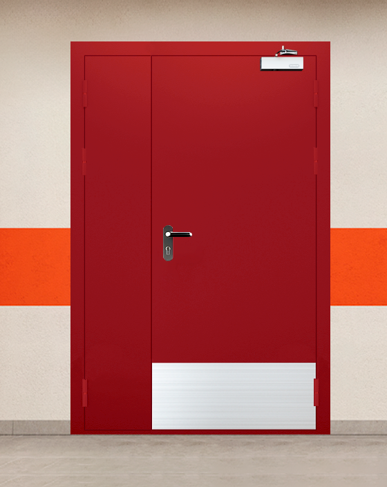 Противопожарная полуторная красная дверь EIWS 30 с блестящей ручкой, широким отбойником