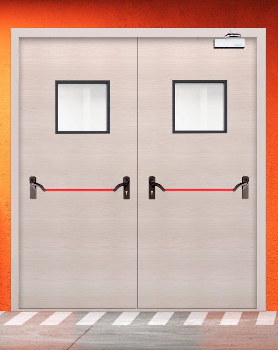 Противопожарная двупольная МДФ бежевая дверь с ручкой антипаника, квадратным окном