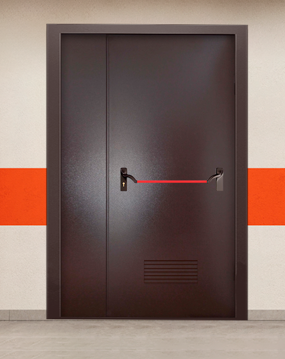 Противопожарная полуторная коричневая дверь порошковым напылением EIS 90 без доводчика с ручкой антипаника, прямоугольной решеткой
