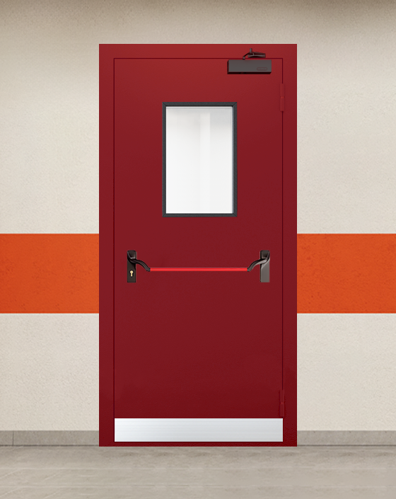 Противопожарная однопольная красная дверь EI 90 с ручкой антипаника, прямоугольным окном, узким отбойником