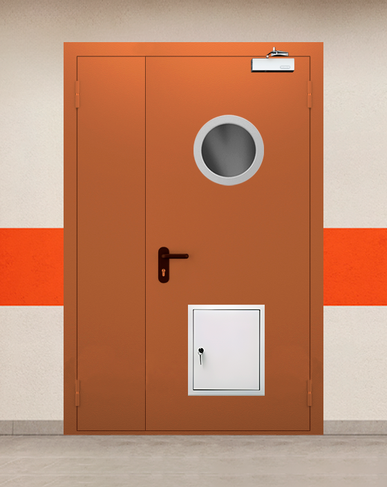 Противопожарная полуторная коричневая дверь EI 45 с круглым окном, стыковочным узлом