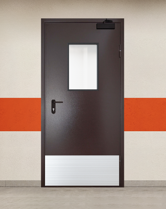 Противопожарная однопольная коричневая дверь порошковым напылением EI 90 с прямоугольным окном, широким отбойником