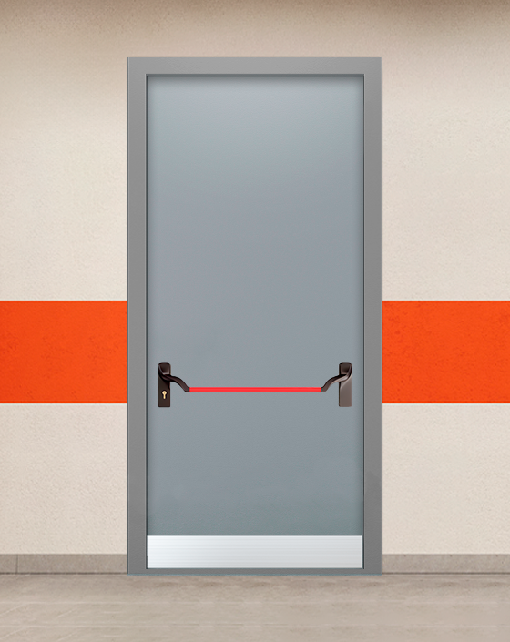 Противопожарная однопольная серая дверь EIS 60 без доводчика с ручкой антипаника, узким отбойником