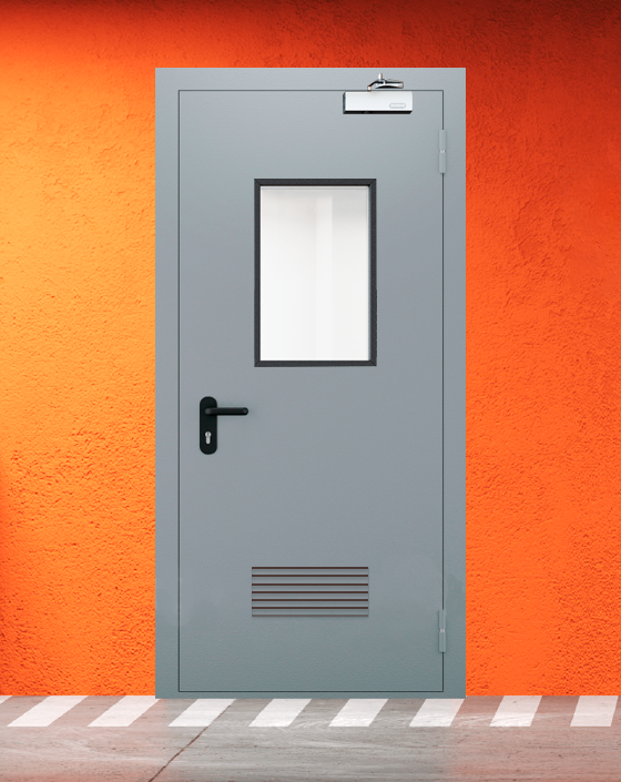 Противопожарная однопольная серая дверь EI 30 (3-го типа) с прямоугольным окном, прямоугольной решеткой