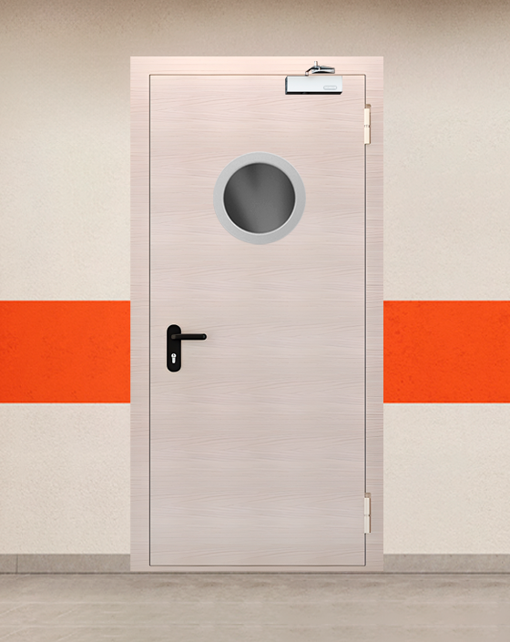 Противопожарная однопольная МДФ бежевая дверь EI-90 с круглым окном