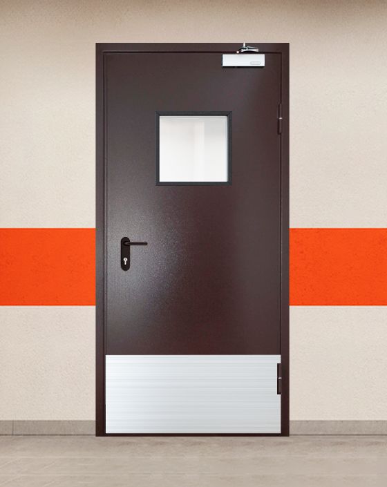 Противопожарная однопольная коричневая дверь порошковым напылением EIS 30 с квадратным окном, широким отбойником