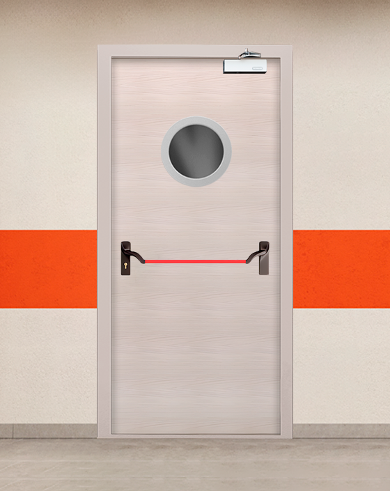 Противопожарная однопольная МДФ бежевая дверь с ручкой антипаника, круглым окном