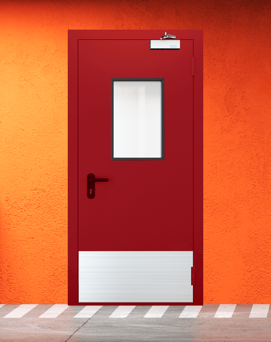 Противопожарная однопольная красная дверь EIW 45 с прямоугольным окном, широким отбойником