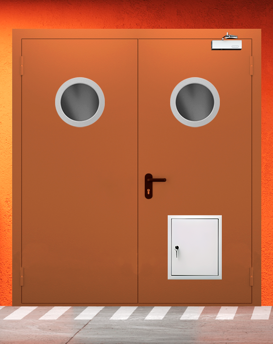 Противопожарная двупольная коричневая дверь EIS 60 с круглым окном, стыковочным узлом