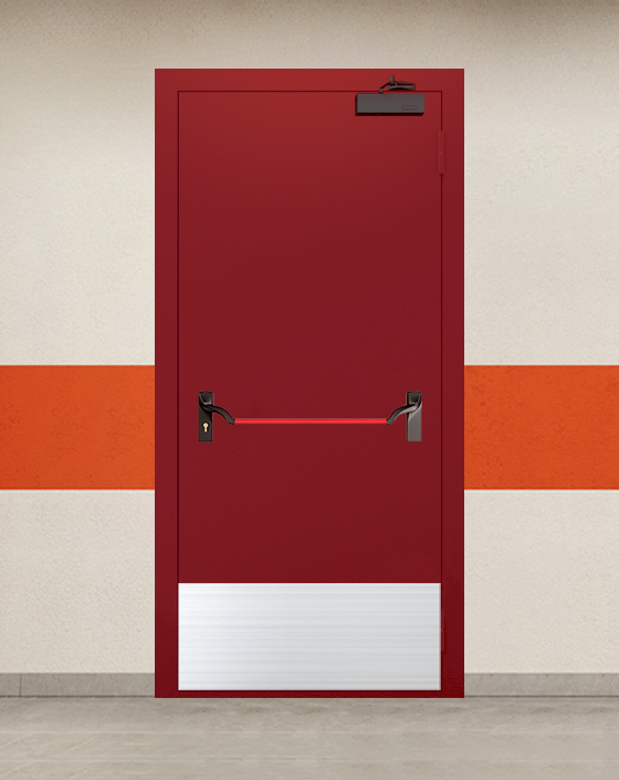 Противопожарная однопольная красная дверь EI 90 с ручкой антипаника, широким отбойником