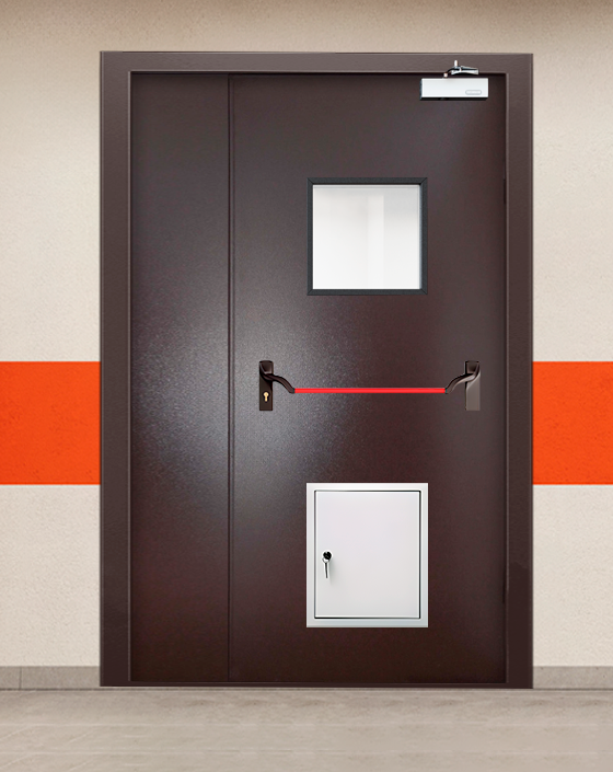 Противопожарная полуторная коричневая дверь порошковым напылением EIS 90 с ручкой антипаника, квадратным окном, стыковочным узлом