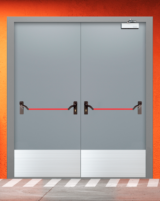 Противопожарная двупольная серая дверь EI 30 (3-го типа) с ручкой антипаника, широким отбойником