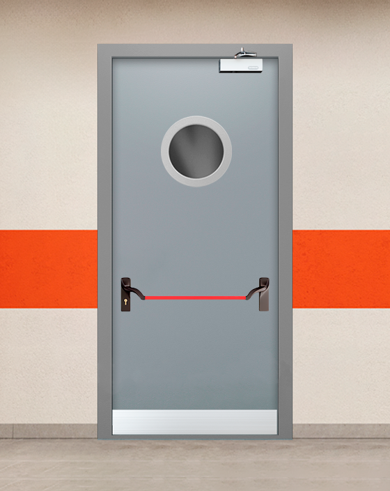 Противопожарная однопольная серая дверь EIS 60 с ручкой антипаника, круглым окном, узким отбойником