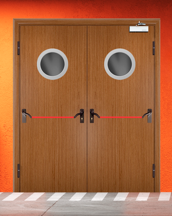 Противопожарная двупольная шпон дверь с ручкой антипаника, круглым окном