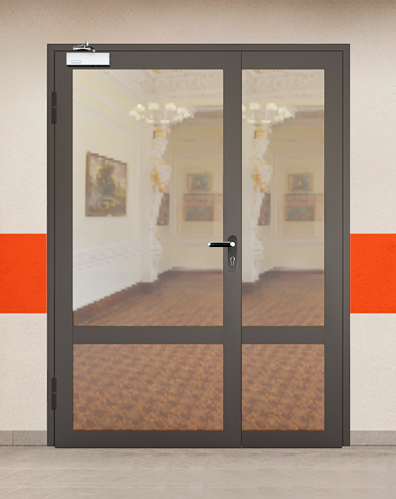 Противопожарная полуторная светопрозрачная стальная коричневая дверь EIW 60