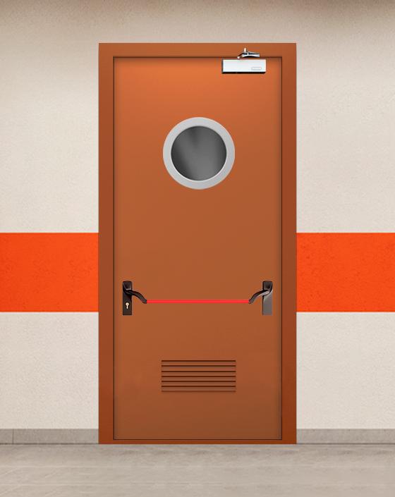 Противопожарная однопольная коричневая дверь EIW 60 с ручкой антипаника, круглым окном, прямоугольной решеткой