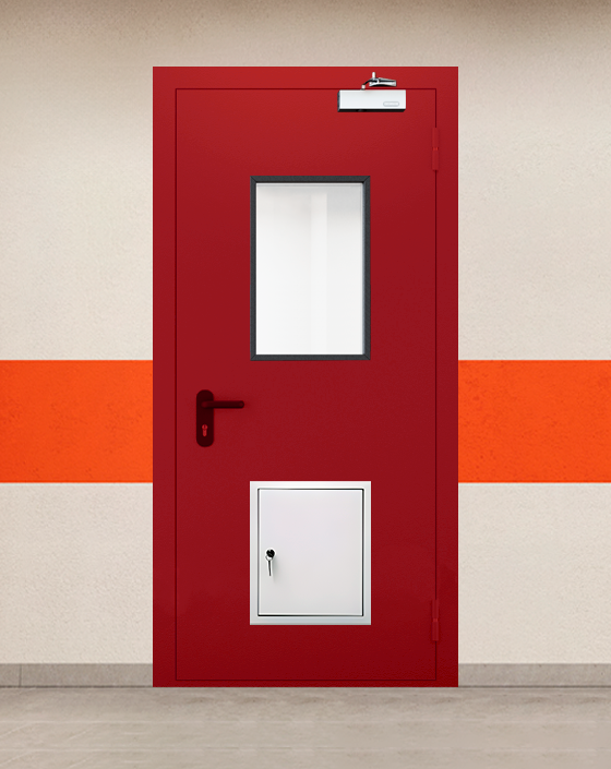 Противопожарная однопольная красная дверь EIW 45 с прямоугольным окном, стыковочным узлом