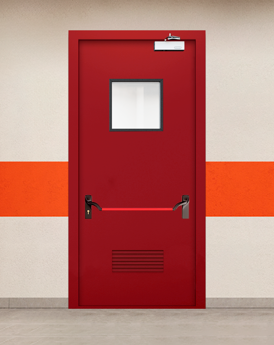 Противопожарная однопольная красная дверь EIWS 60 с ручкой антипаника, квадратным окном, прямоугольной решеткой