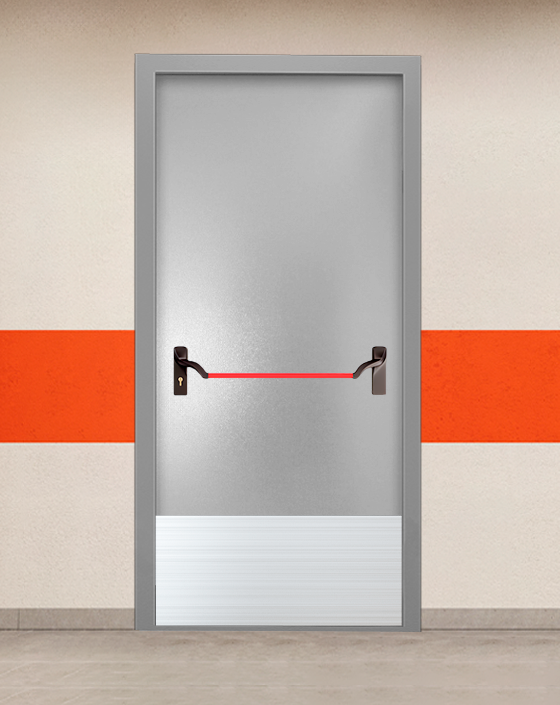 Противопожарная однопольная серая дверь порошковым напылением EIS 45 без доводчика с ручкой антипаника, широким отбойником