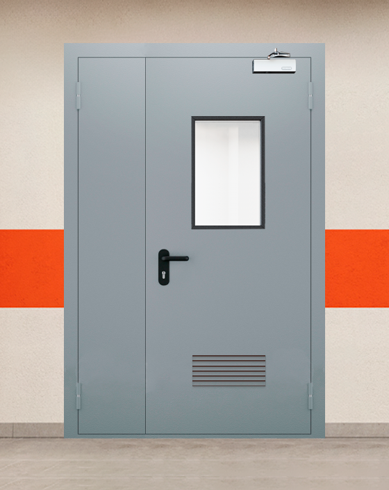 Противопожарная полуторная серая дверь EI 30 (3-го типа) с прямоугольным окном, прямоугольной решеткой