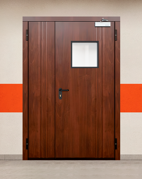 Противопожарная полуторная МДФ коричневая дверь с квадратным окном