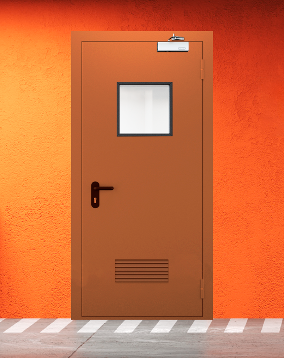 Противопожарная однопольная коричневая дверь EI 60 (2-го типа) с квадратным окном, прямоугольной решеткой