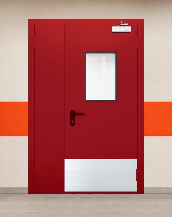 Противопожарная полуторная красная дверь EI 60 (2-го типа) с прямоугольным окном, широким отбойником