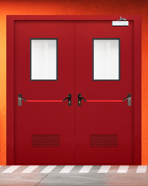 Противопожарная двупольная красная дверь EIW 45 с ручкой антипаника, прямоугольным окном, прямоугольной решеткой