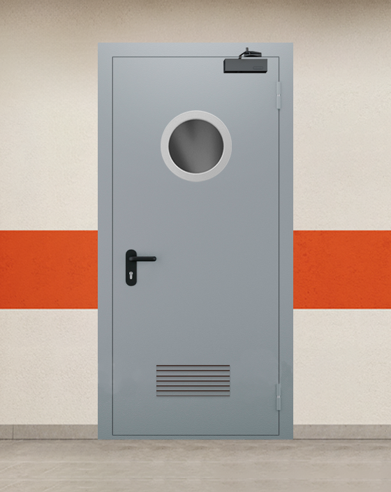 Противопожарная однопольная серая дверь EI 45 с круглым окном, прямоугольной решеткой