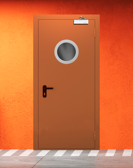Противопожарная однопольная коричневая дверь EI 60 (2-го типа) с круглым окном