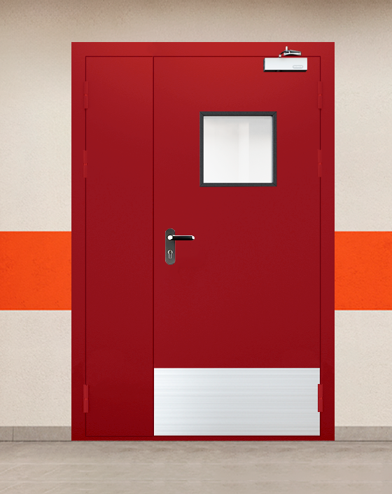 Противопожарная полуторная красная дверь EIWS 30 с блестящей ручкой, квадратным окном, широким отбойником