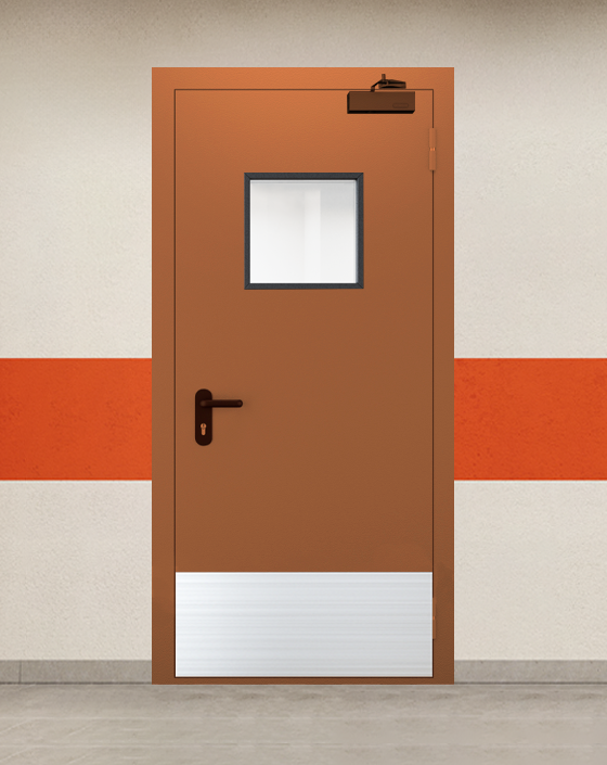 Противопожарная однопольная коричневая дверь EI 45 с квадратным окном, широким отбойником