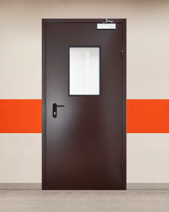 Противопожарная однопольная коричневая дверь порошковым напылением EIS 30 с прямоугольным окном
