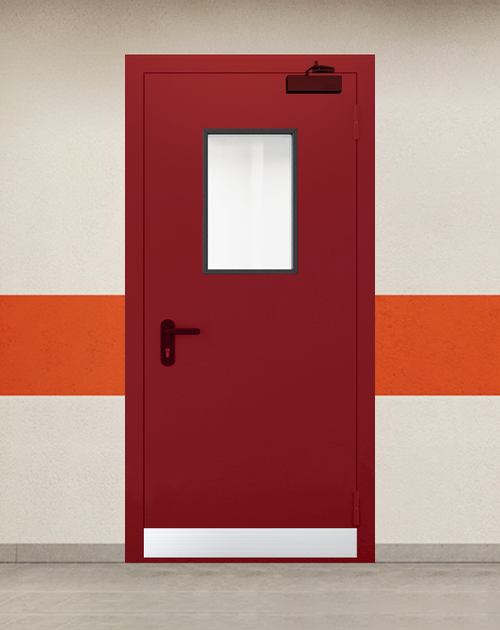 Противопожарная однопольная красная дверь EI 45 с прямоугольным окном, узким отбойником