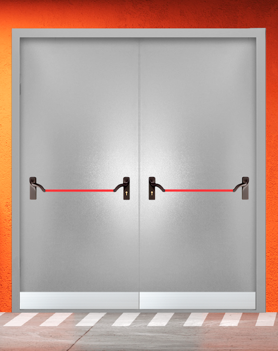 Противопожарная двупольная серая дверь порошковым напылением EIS 30 без доводчика с ручкой антипаника, узким отбойником