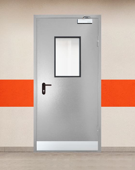 Противопожарная однопольная серая дверь порошковым напылением EI 45 с прямоугольным окном, узким отбойником