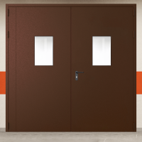 Ворота металлические двустворчатые коричневые с двумя окнами