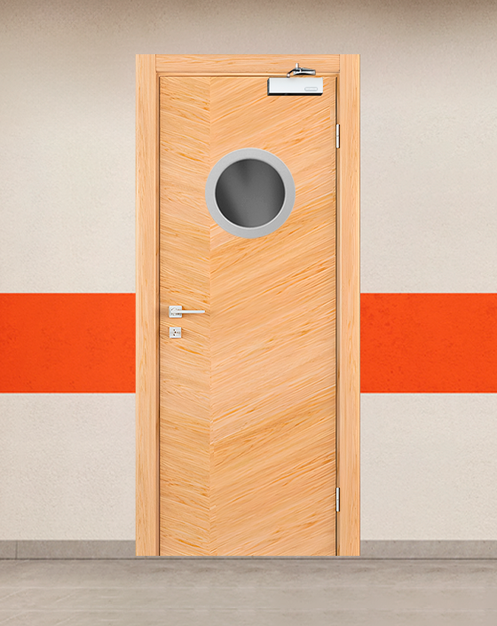 Противопожарная однопольная шпон серая дверь с круглым окном, блестящим доводчиком
